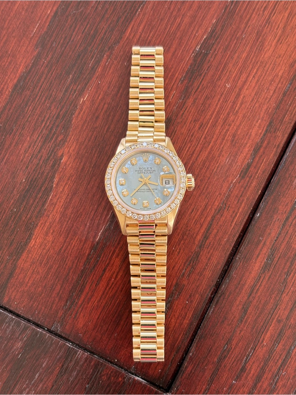 Rolex Ladies Gold Watch with Mother-of-Pearl Dial and Diamond Bezel - Picture 2 of 5